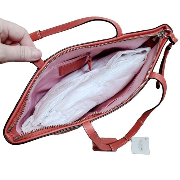 Coach Signature Stitch Patent Leather Tote Shoulder Bag Mango/Coral/Orange NWT - Picture 10 of 12